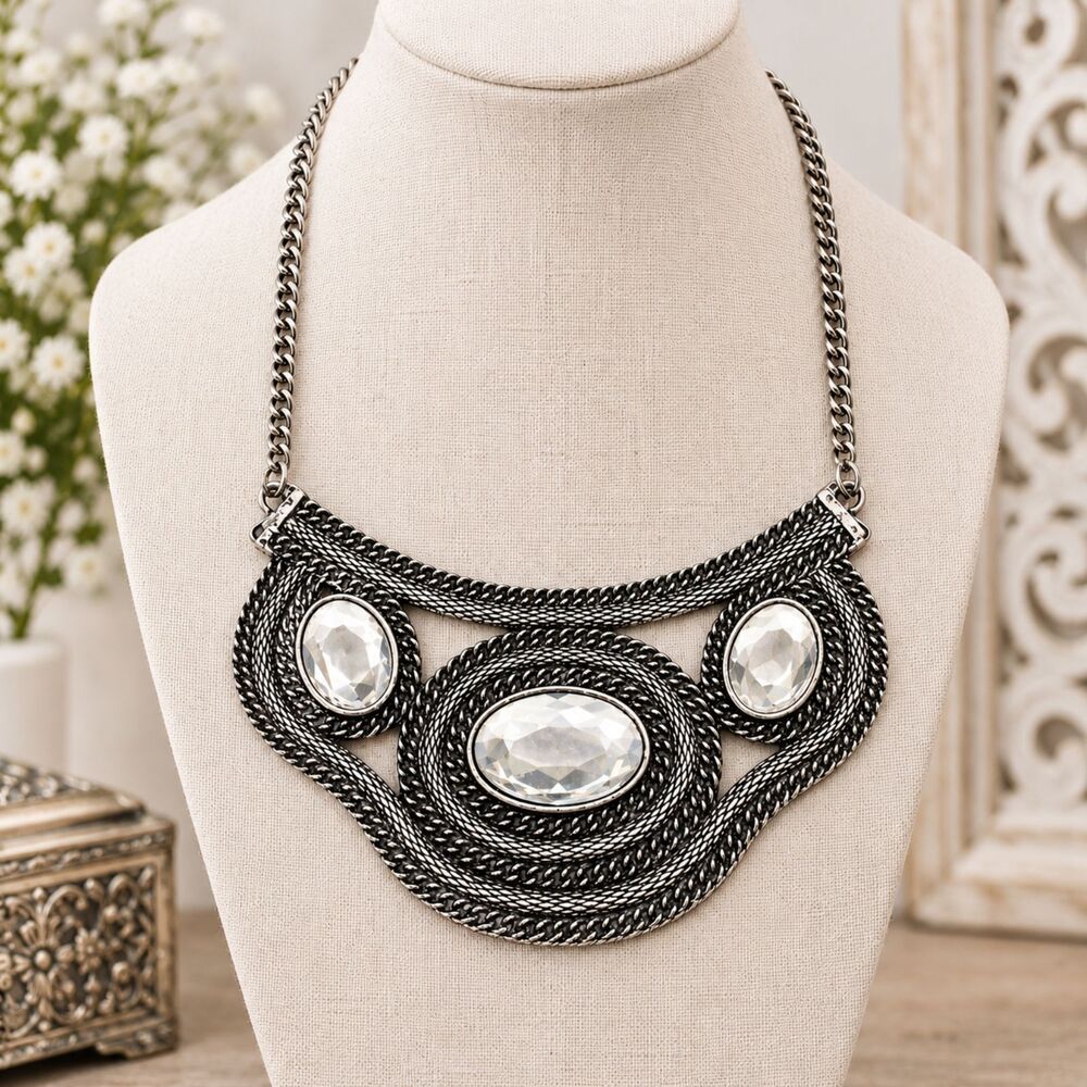 Vintage Silver Tone Rope Bib Statement Necklace Clear Lucite Stones 18"
